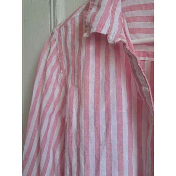 J Crew Womens LARGE TALL FIT 100% Linen Shirt Pink White Stripe Button LAGENLOOK - Picture 4 of 10